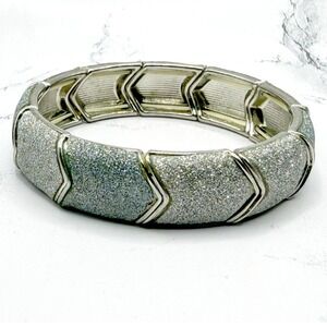 Silver Tone Glitter Stretch Bracelet Sparkle Textured Panels 6.5"